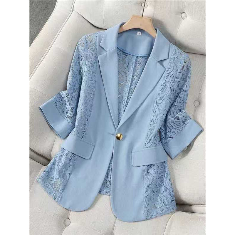 Solid color lace patchwork small suit jacket for women's top