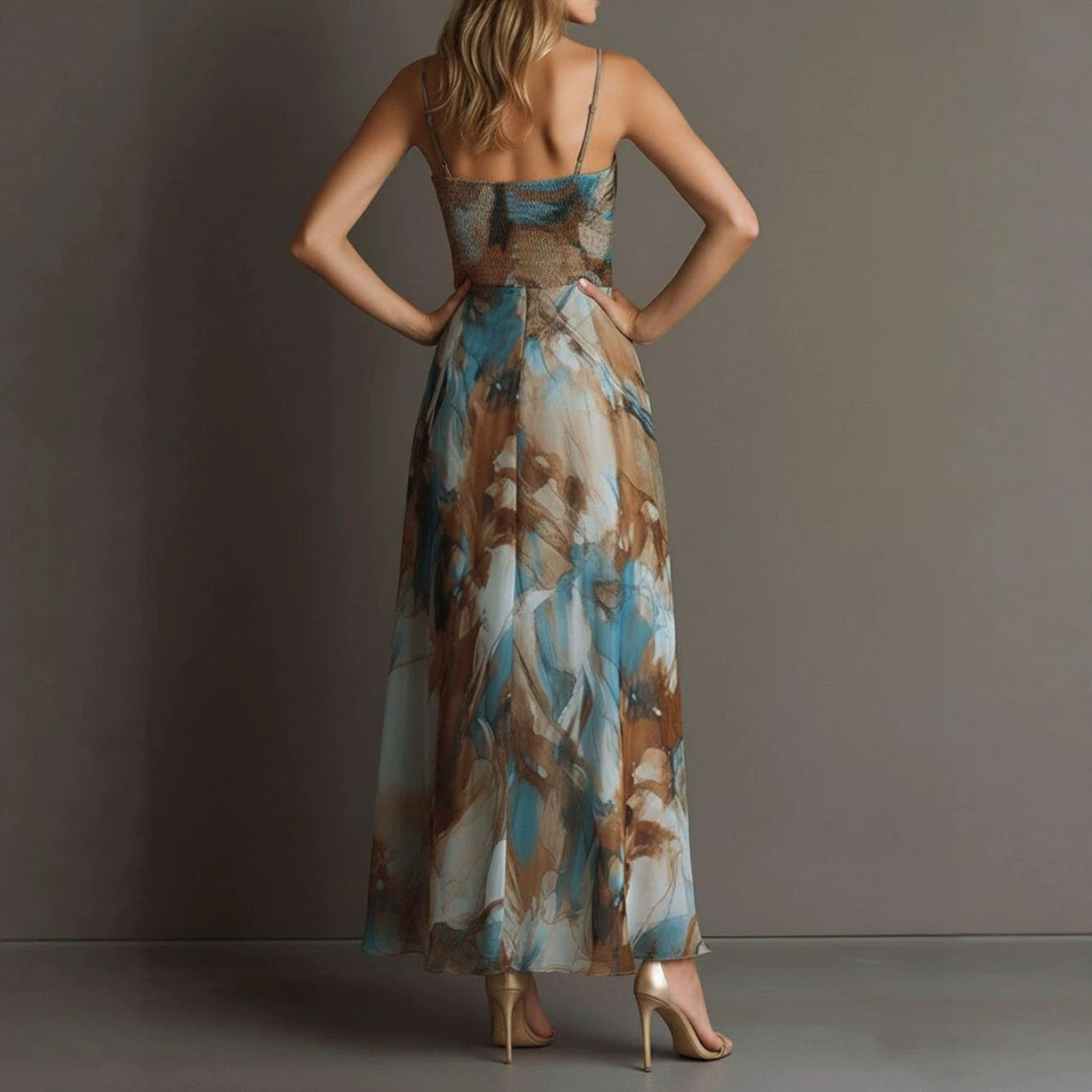 Fashionable Elegant Printed Dress with Sexy Straps, Waist-Cinching Flowy Beach Long Dress