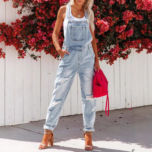 Cropped Blue Denim Overalls for Women with Ripped Details Casual FashionStrap Design, Perfect for Everyday Wear