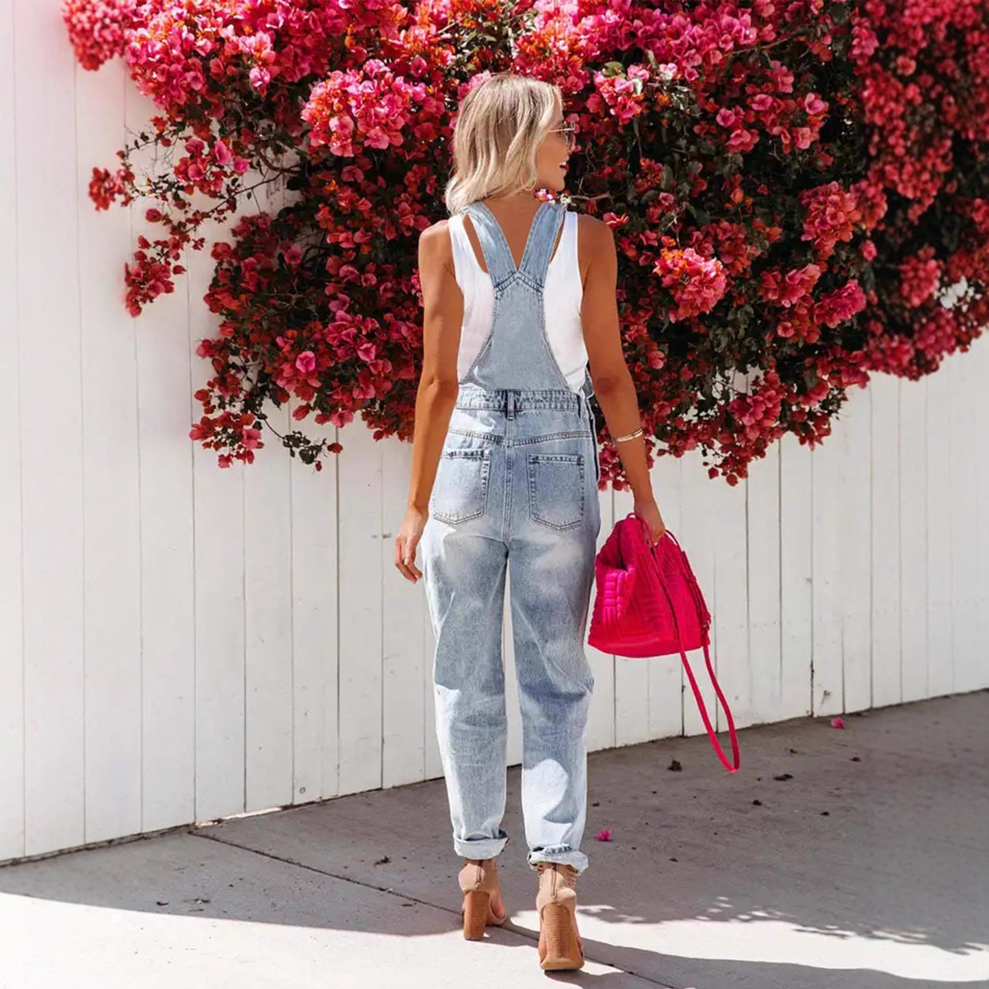 Cropped Blue Denim Overalls for Women with Ripped Details Casual FashionStrap Design, Perfect for Everyday Wear