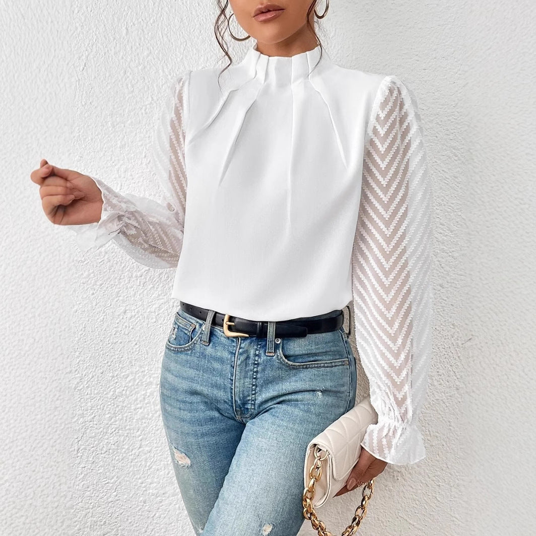Autumn Winter New Women's High Neck Spliced Wave Pattern Chiffon Long Sleeve Top