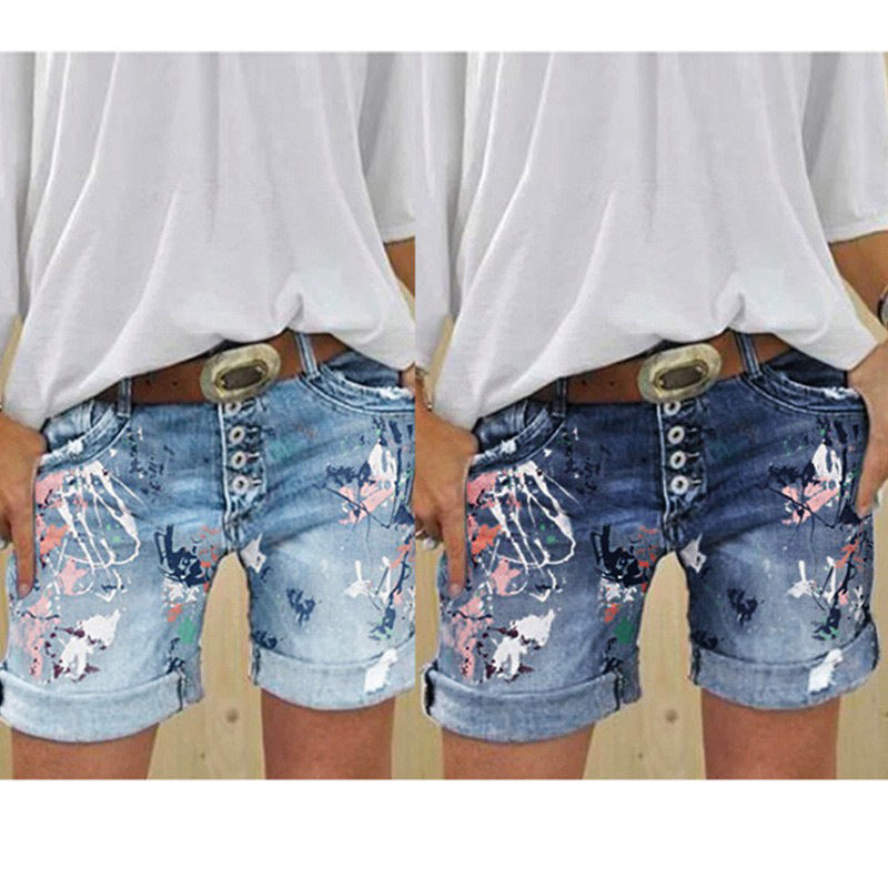 High-Waisted Elastic Printed Women's Denim Shorts with Button Closure, Large Size, Fashionable Design