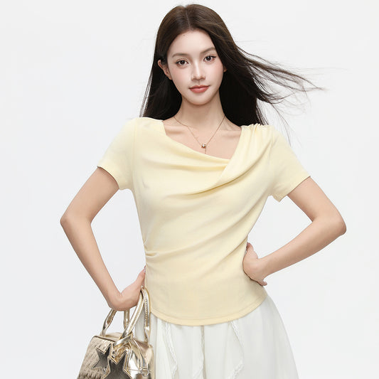 One-Cloth Three-Way Wear Asymmetrical Off-Shoulder Ruffled Neck Short Sleeve T-Shirt for Women