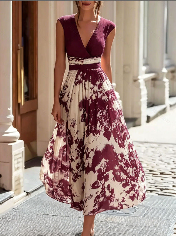 Elegant Long Sleeveless V-Neck Blue and White Porcelain Print Dress Summer Formal Dress
