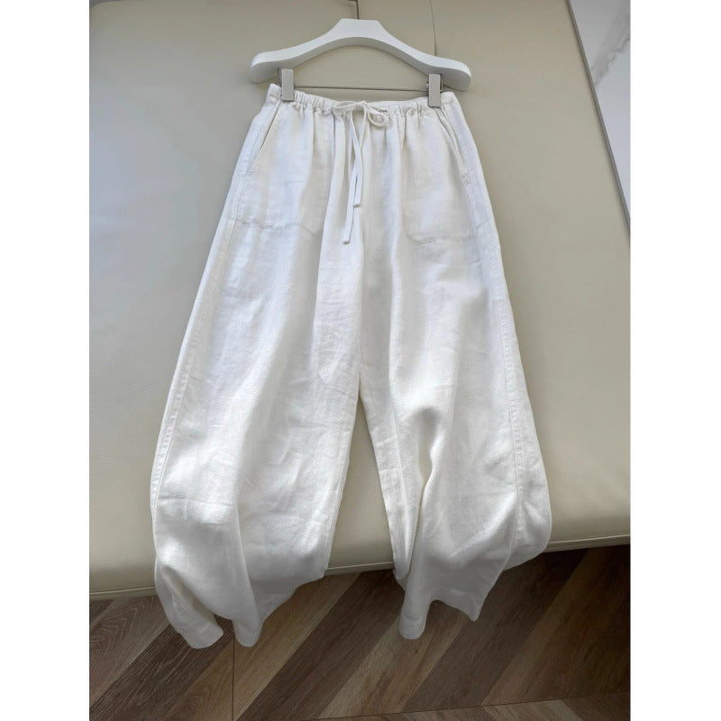 White Linen Cotton Women's Summer Lightweight Relaxed Drapey Casual Straight Leg Floor-Length Pants Wide Leg Linen Pants