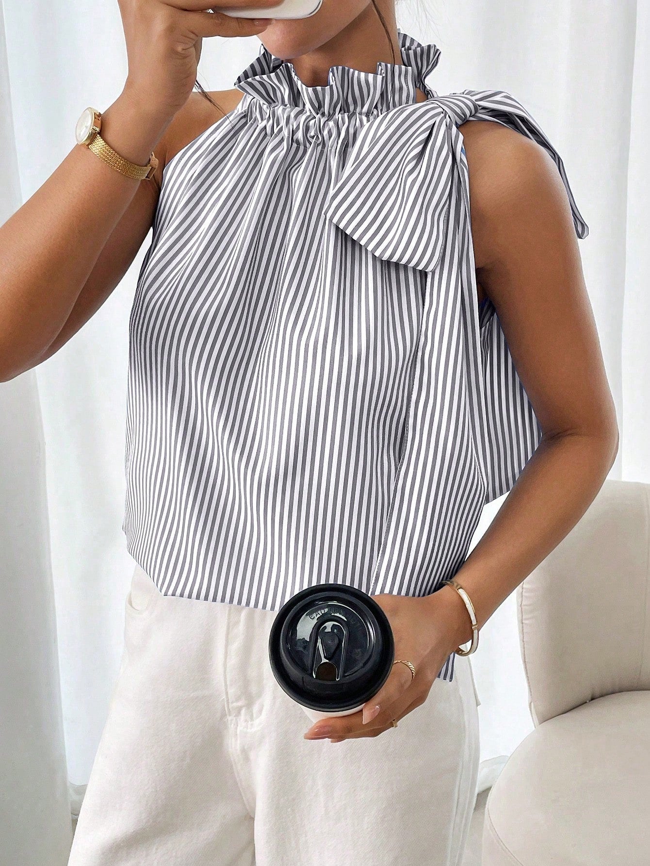 Fashionable Casual Sleeveless Striped Lace Trim High Neck Tie Knot T-Shirt Top