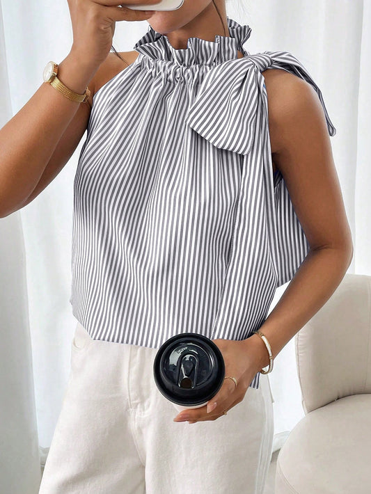 Fashionable Casual Sleeveless Striped Lace Trim High Neck Tie Knot T-Shirt Top