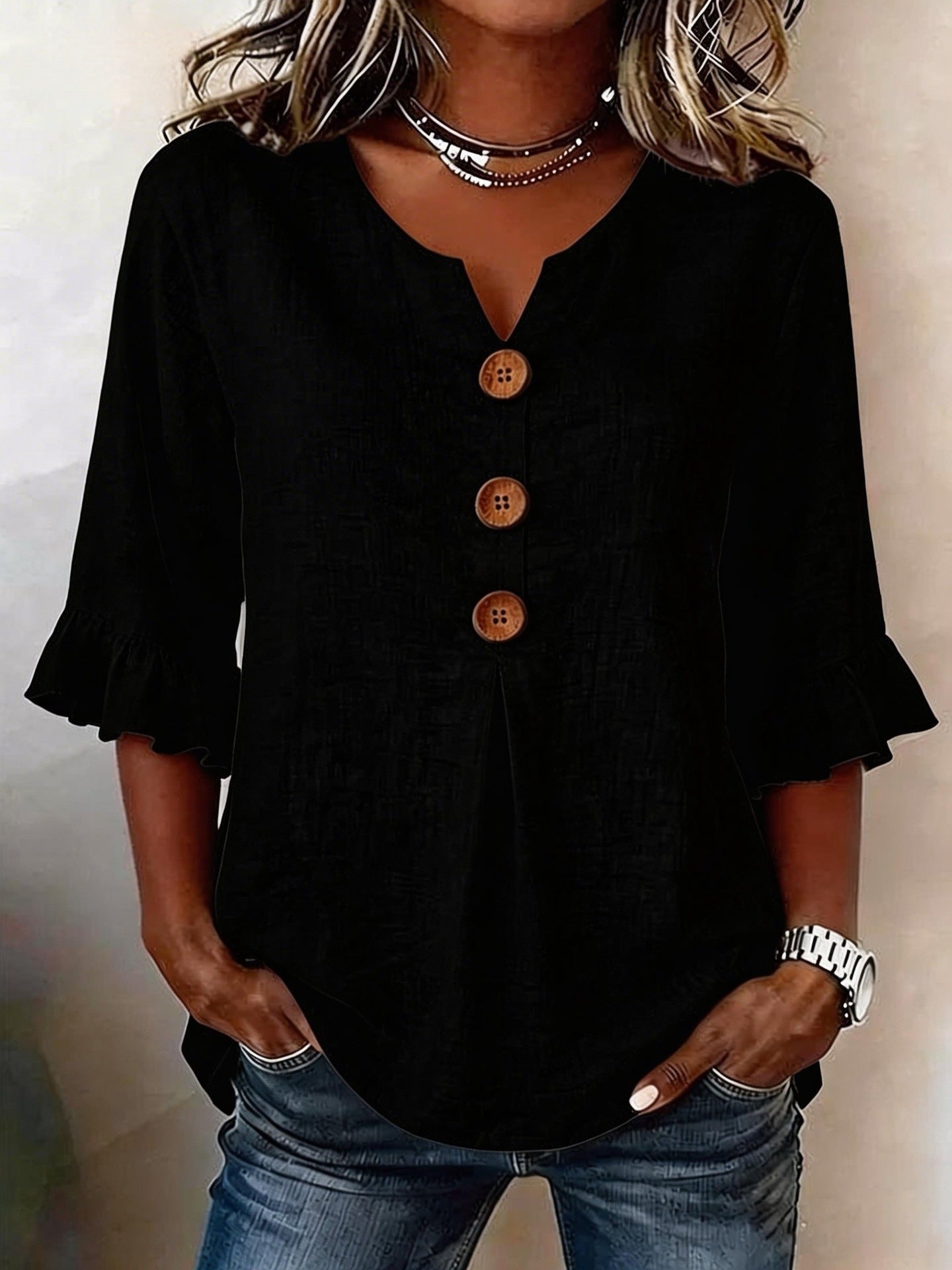 Fashionable Cotton Linen V-Neck Button-Up Blouse for Women Summer Casual Top
