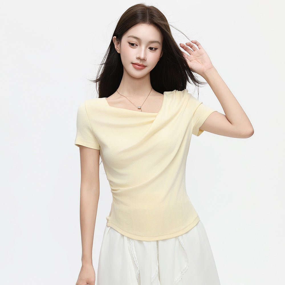 One-Cloth Three-Way Wear Asymmetrical Off-Shoulder Ruffled Neck Short Sleeve T-Shirt for Women