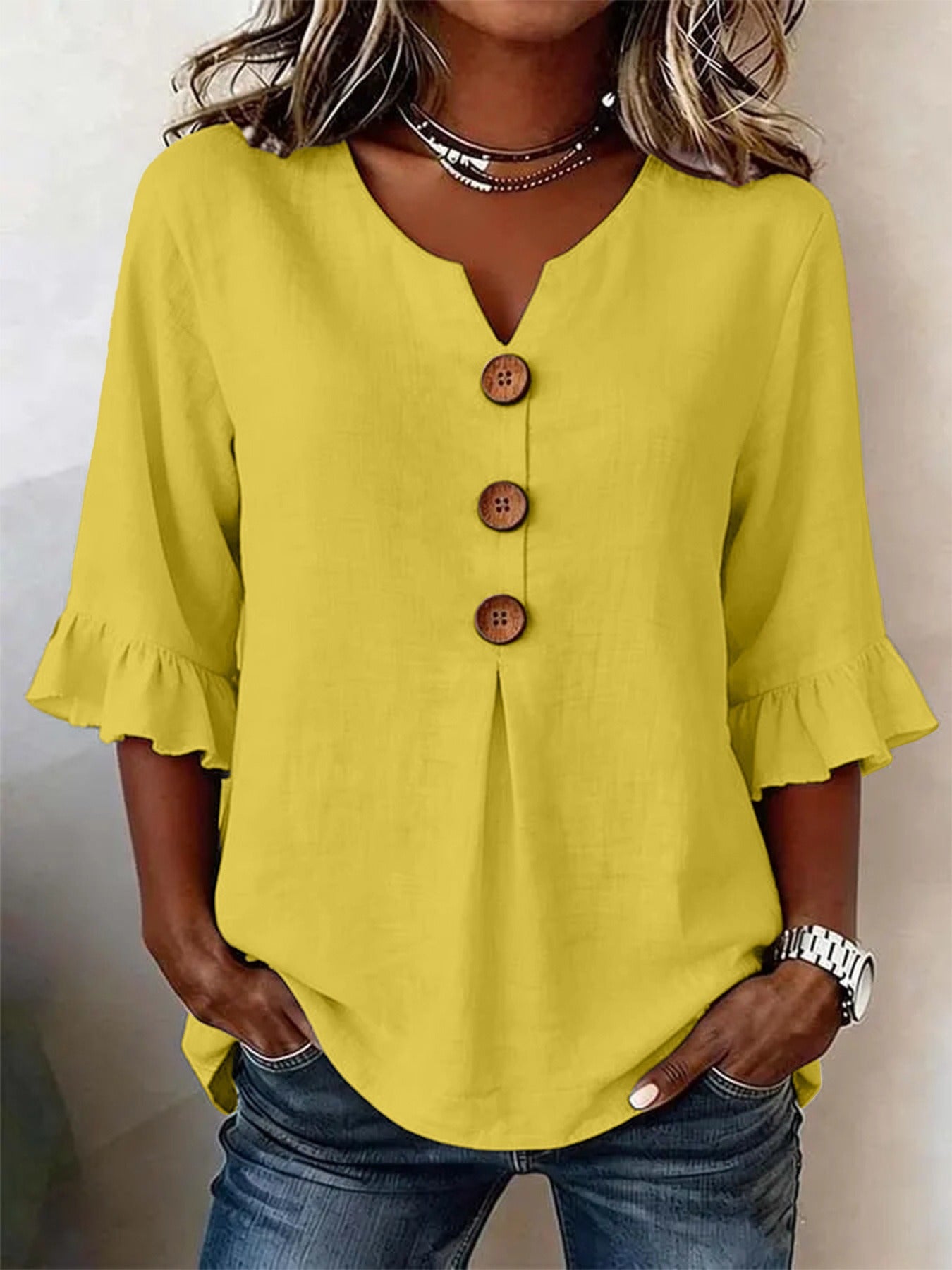 Fashionable Cotton Linen V-Neck Button-Up Blouse for Women Summer Casual Top
