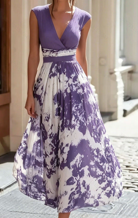 Elegant Long Sleeveless V-Neck Blue and White Porcelain Print Dress Summer Formal Dress
