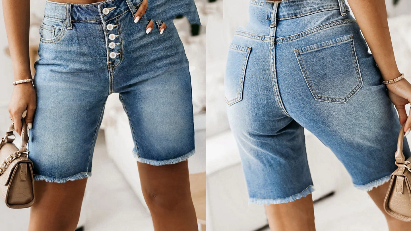 Cotton Denim Shorts Summer Mid-Length Frayed Hem Distressed Hot Pants