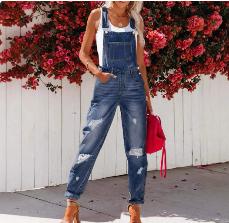 Cropped Blue Denim Overalls for Women with Ripped Details Casual FashionStrap Design, Perfect for Everyday Wear