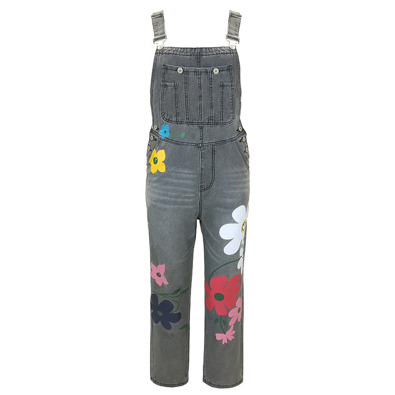 Summer Printed Overalls Denim Pants with Ripped Details, Loose Straight Leg Casual Stylish Versatile Long Pants for Women