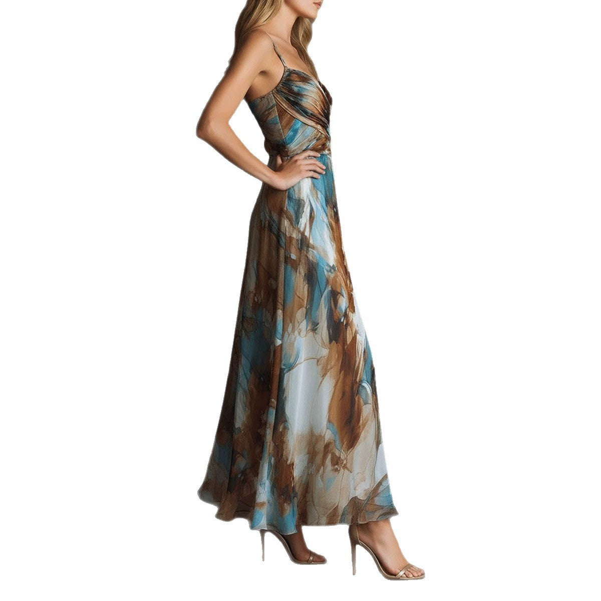 Fashionable Elegant Printed Dress with Sexy Straps, Waist-Cinching Flowy Beach Long Dress