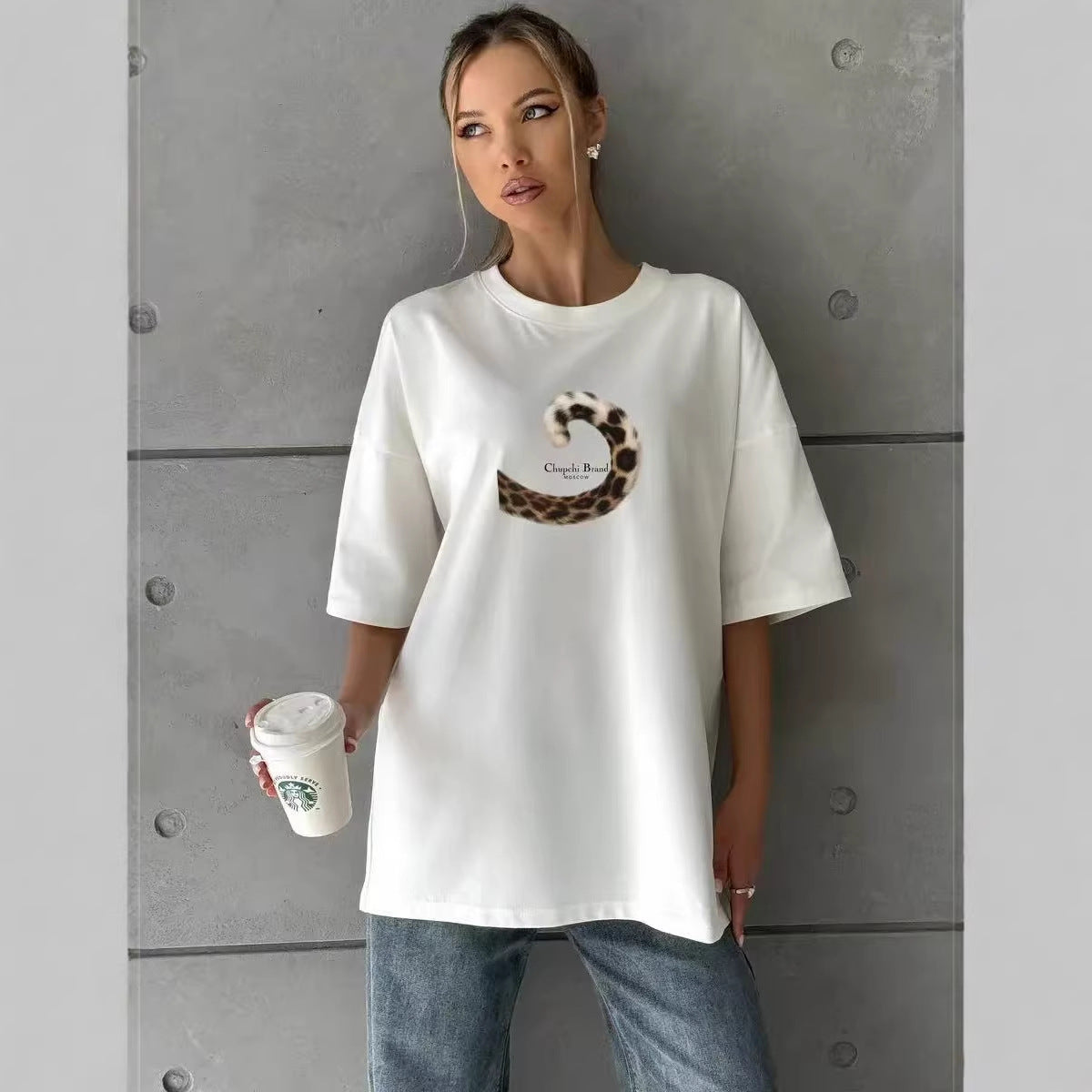 Leopard print tail printed short sleeved T-shirt for women
