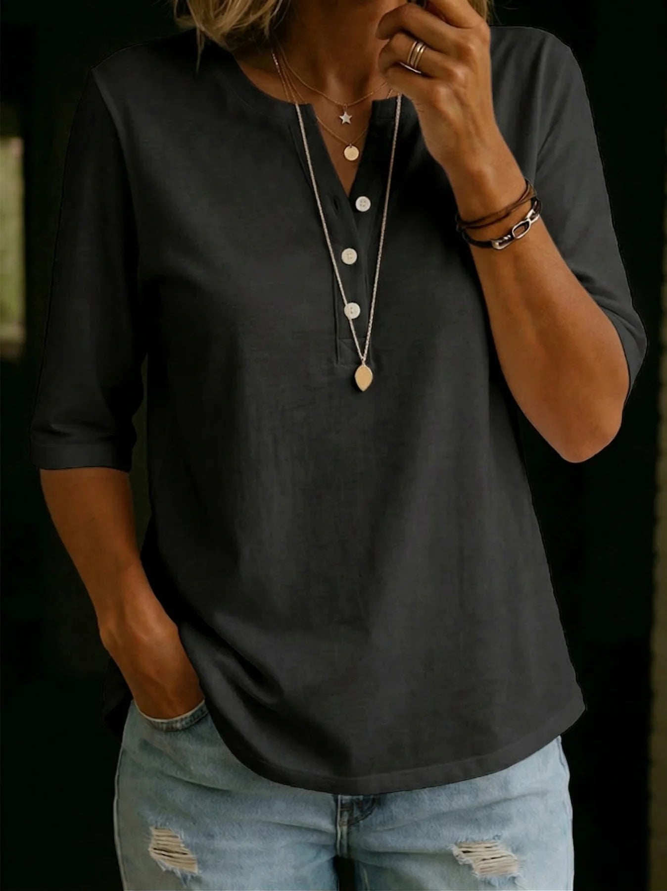 Classic Henley Neck Style Spring Summer New Women's Solid Color Button-Up Top