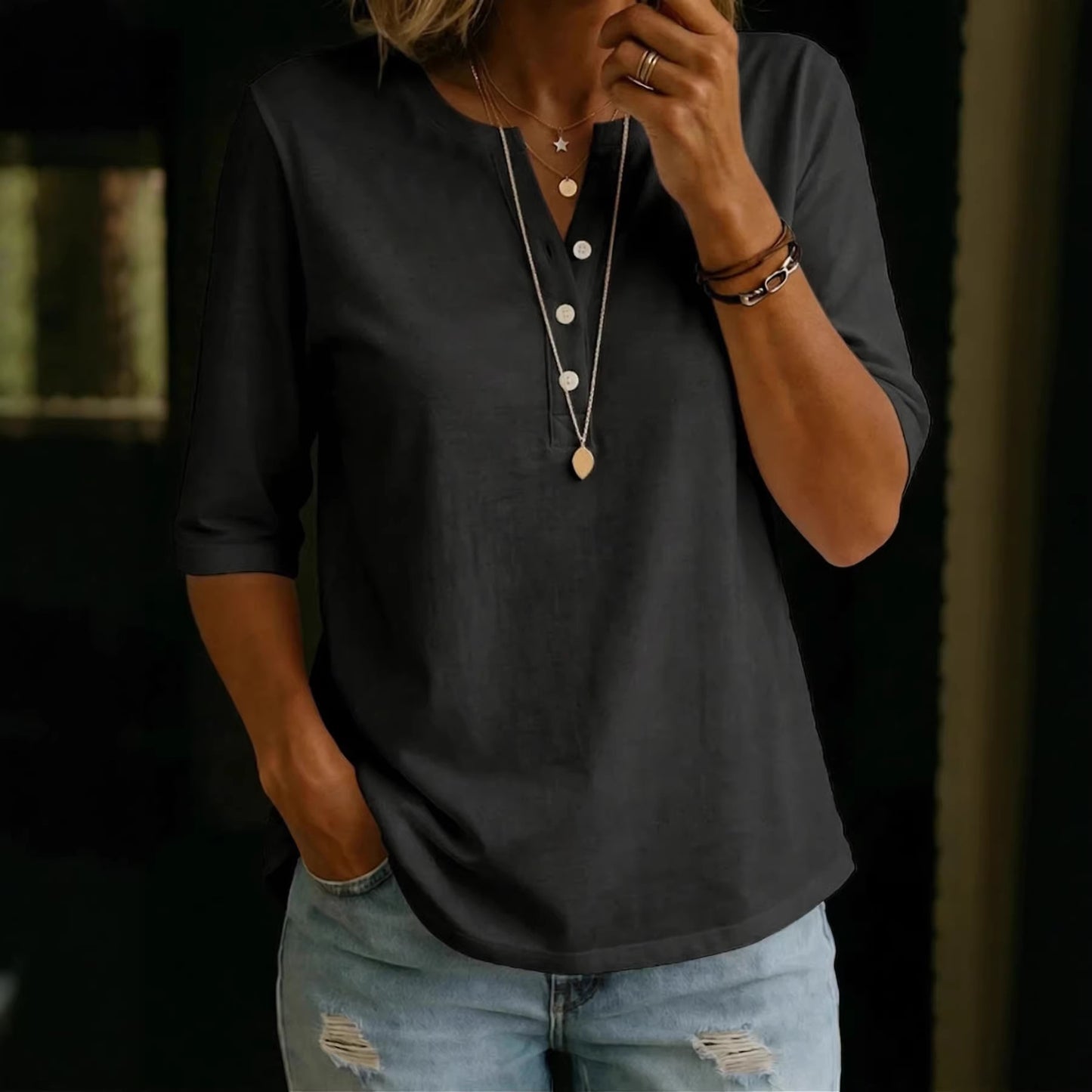 Classic Henley Neck Style Spring Summer New Women's Solid Color Button-Up Top