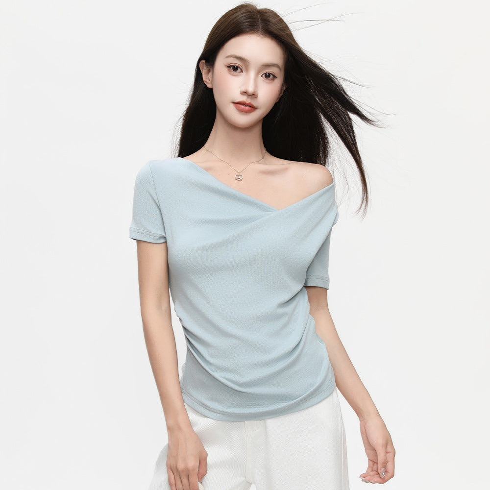 One-Cloth Three-Way Wear Asymmetrical Off-Shoulder Ruffled Neck Short Sleeve T-Shirt for Women