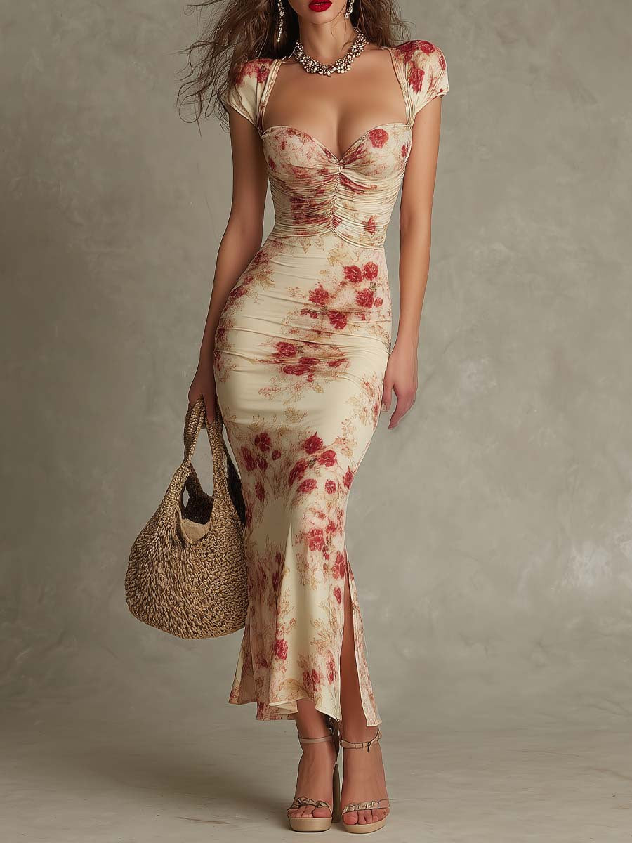 Vintage Printed Fitted Dress Elegant Slim Fit Bodycon Long Dress Evening Gown