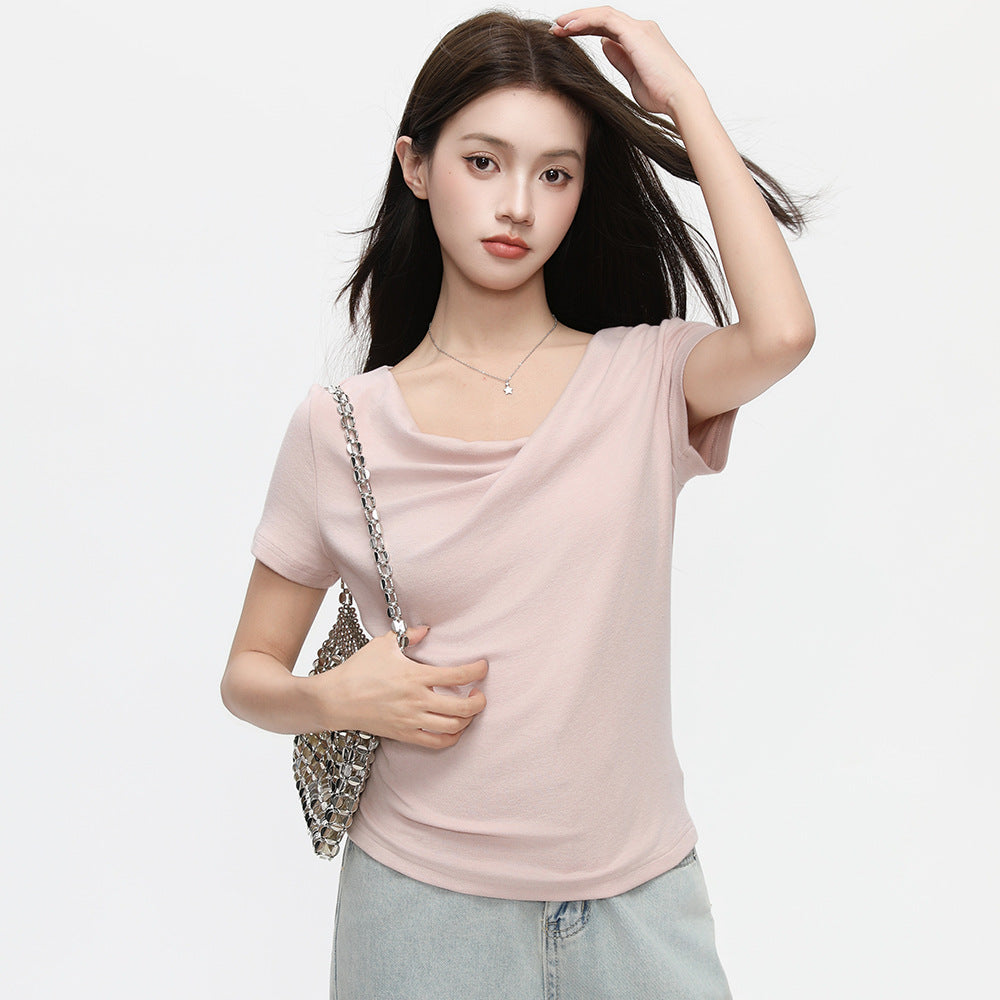 One-Cloth Three-Way Wear Asymmetrical Off-Shoulder Ruffled Neck Short Sleeve T-Shirt for Women