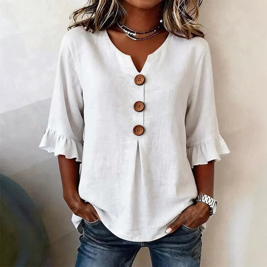 Fashionable Cotton Linen V-Neck Button-Up Blouse for Women Summer Casual Top