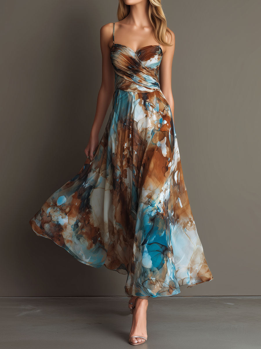 Fashionable Elegant Printed Dress with Sexy Straps, Waist-Cinching Flowy Beach Long Dress