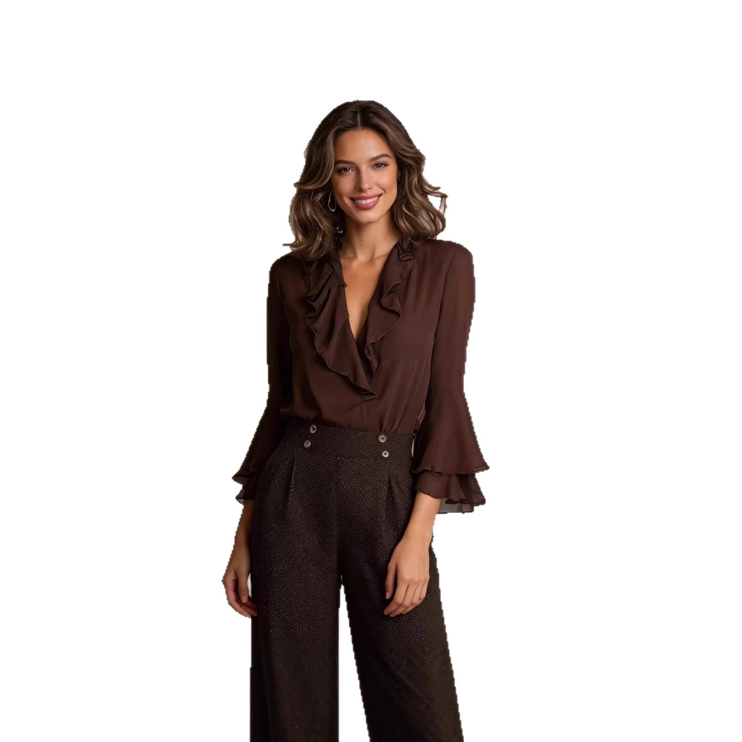 Charming Ruffle Blouse for Women, V-Neck Long Sleeve Shirt Elegant Style Feminine Top