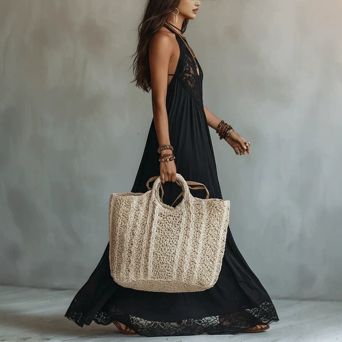 Style Black Lace Trim Sleeveless Long Dress Loose Vacation Style Maxi Dress Lace Dress