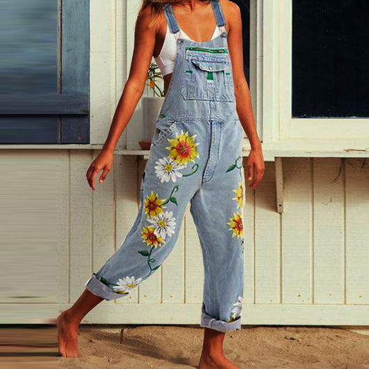 Classic Fit Straight Leg Printed Sleeveless Strap Pants Slimming Hip-Hiding Overalls Long Pants