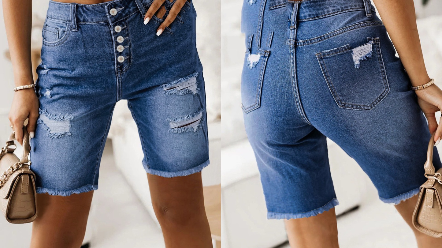 Cotton Denim Shorts Summer Mid-Length Frayed Hem Distressed Hot Pants