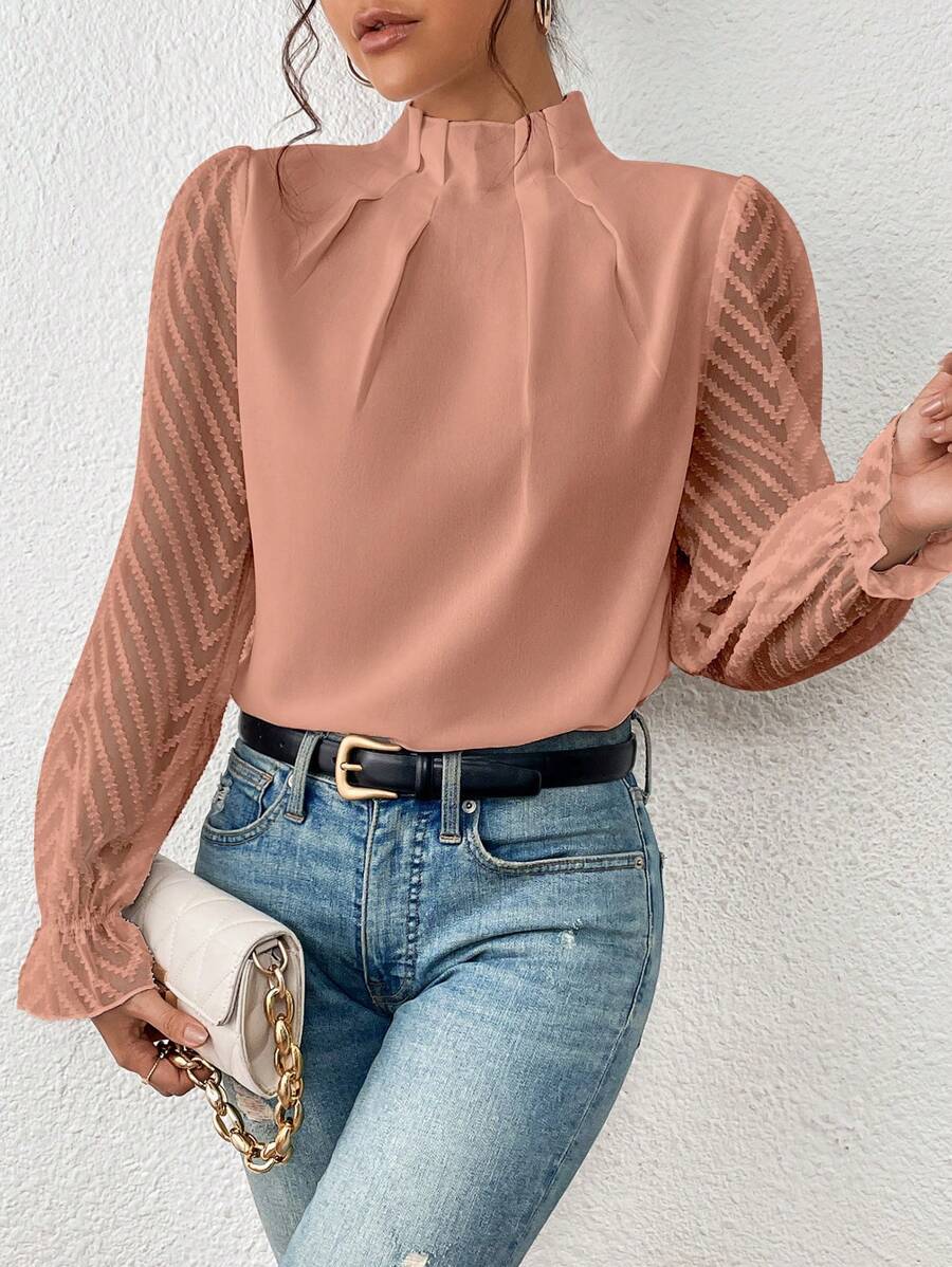 Autumn Winter New Women's High Neck Spliced Wave Pattern Chiffon Long Sleeve Top