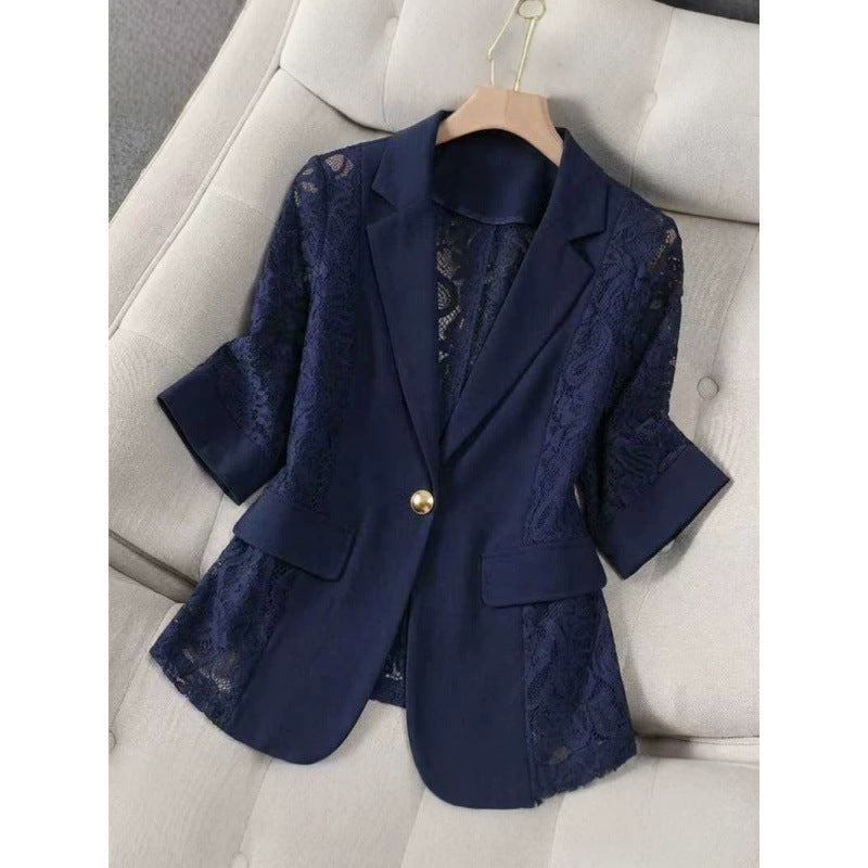 Solid color lace patchwork small suit jacket for women's top