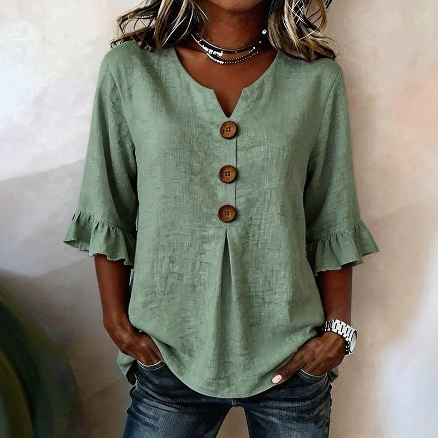 Fashionable Cotton Linen V-Neck Button-Up Blouse for Women Summer Casual Top