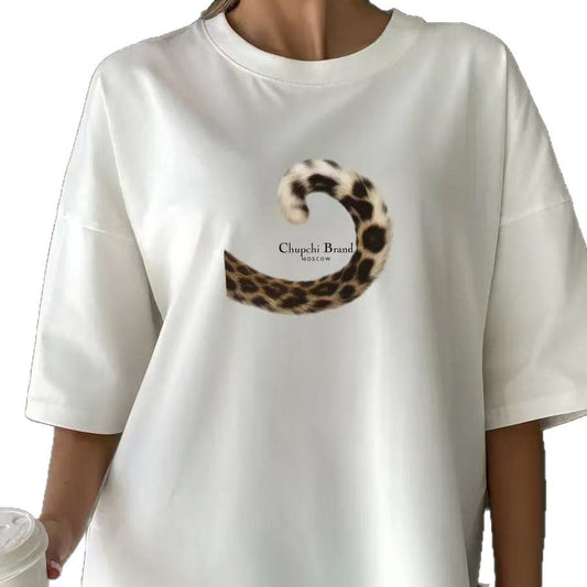 Leopard print tail printed short sleeved T-shirt for women