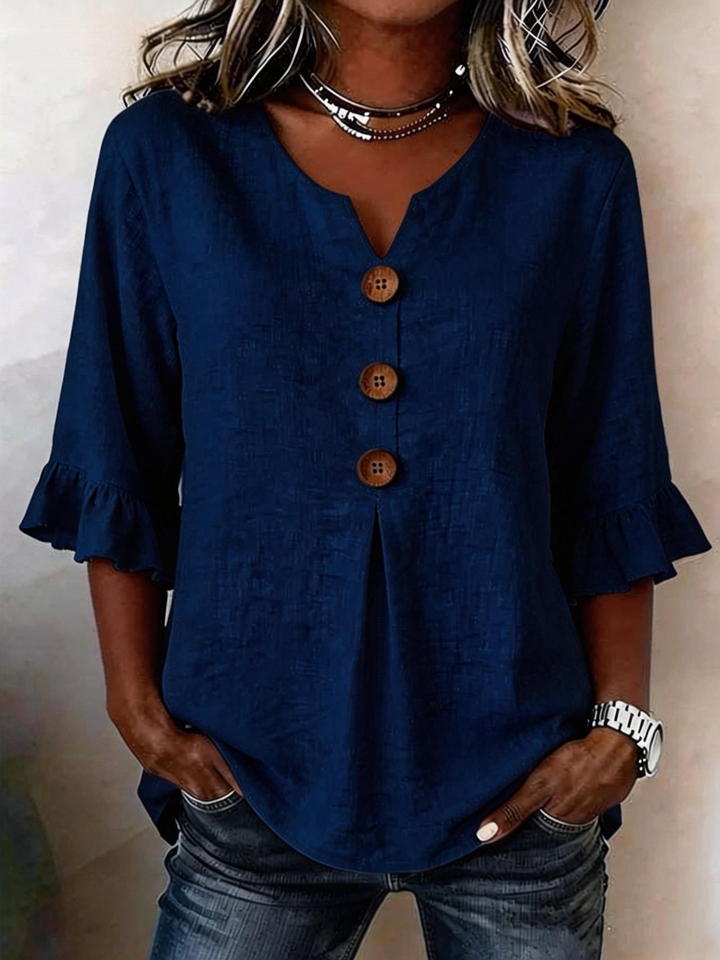 Fashionable Cotton Linen V-Neck Button-Up Blouse for Women Summer Casual Top