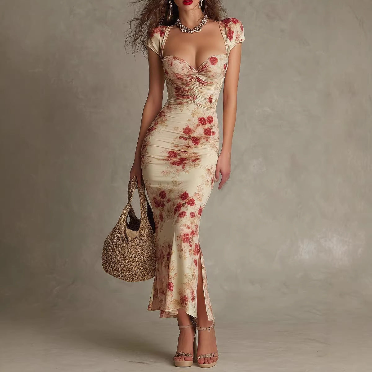 Vintage Printed Fitted Dress Elegant Slim Fit Bodycon Long Dress Evening Gown