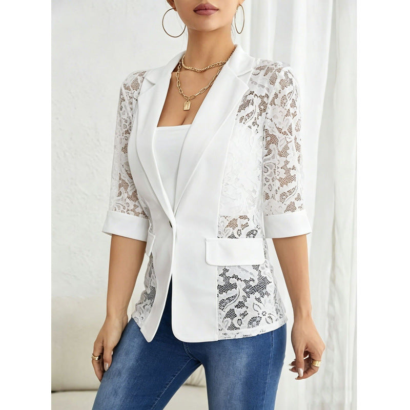 Solid color lace patchwork small suit jacket for women's top