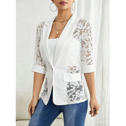 Solid color lace patchwork small suit jacket for women's top